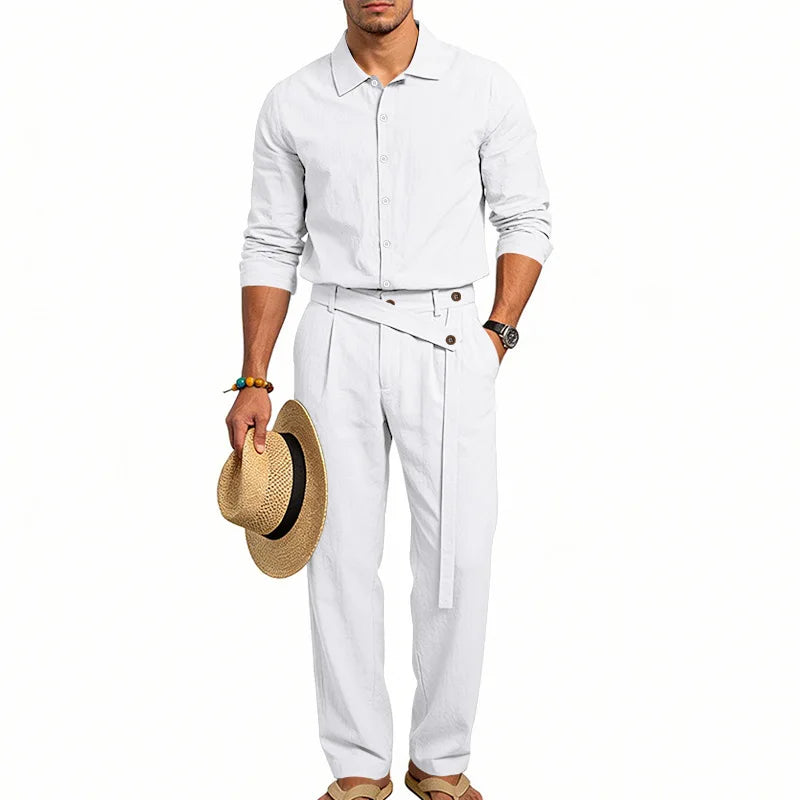 Men's Loose Fit Linen 2 Piece Outfit Solid Color Casual Long Sleeve Hooded Shirt & Long Pants Breathable Suit