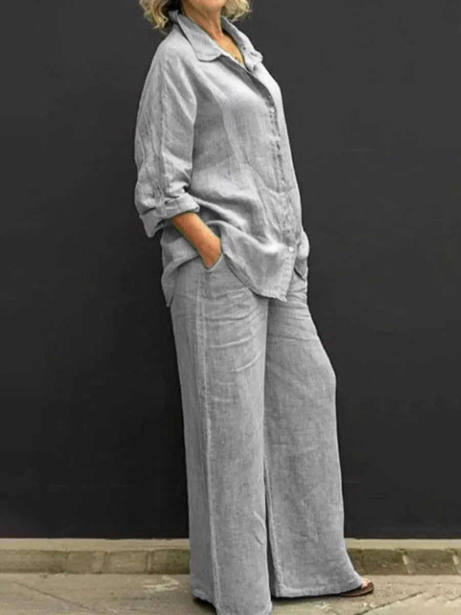 Women Linen Casual Shirt 2 Pieces Set Fashion Lapel Long Sleeve Button Blouse And Trousers Outfits Loose Wide Leg Pants Suits