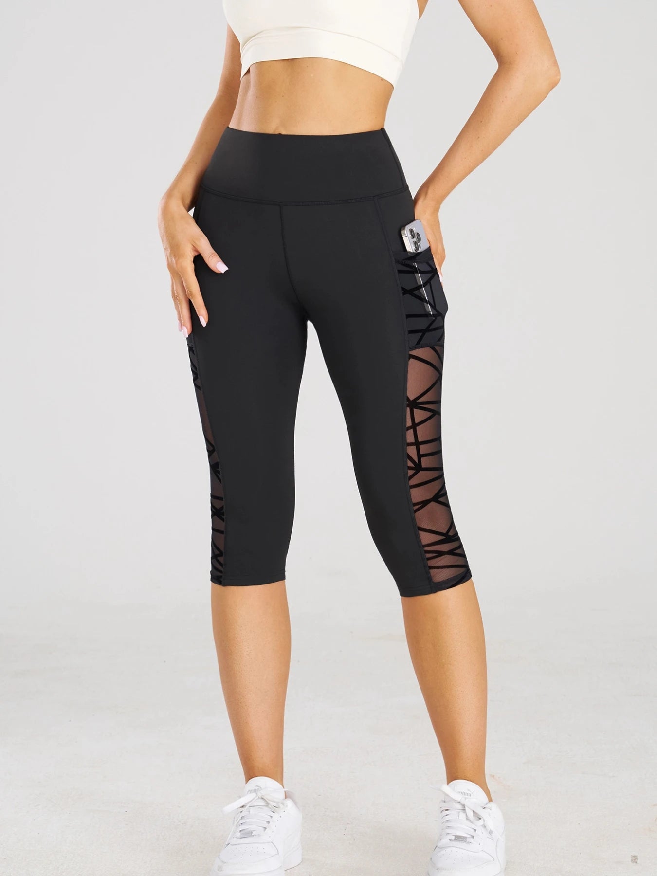 High Waist Yoga Crop Pants Leggings With Pockets Sports Fitness Casual Tight Yoga Pants Side Cross Mesh Stitch Capri Leggings