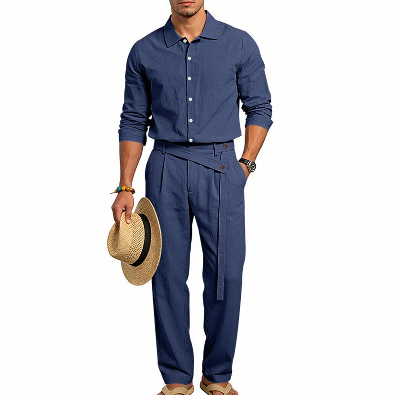 Men's Loose Fit Linen 2 Piece Outfit Solid Color Casual Long Sleeve Hooded Shirt & Long Pants Breathable Suit