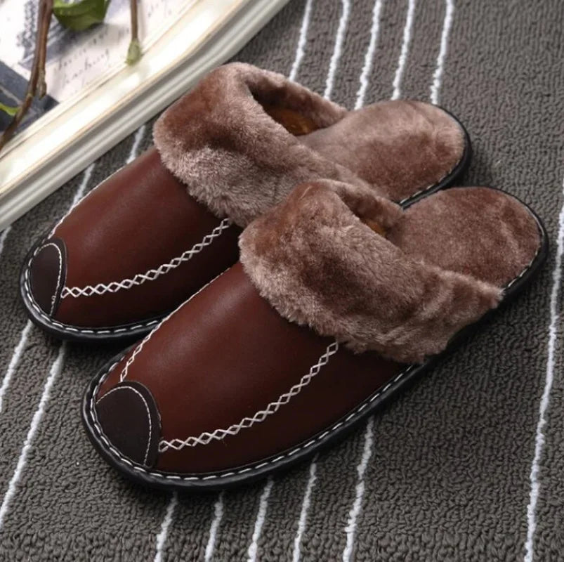 Men Women Winter Leather Slippers Bedroom Cotton Slippers Male Waterproof Thick Plus Velvet Indoor Warm House Home Slippers Shoe