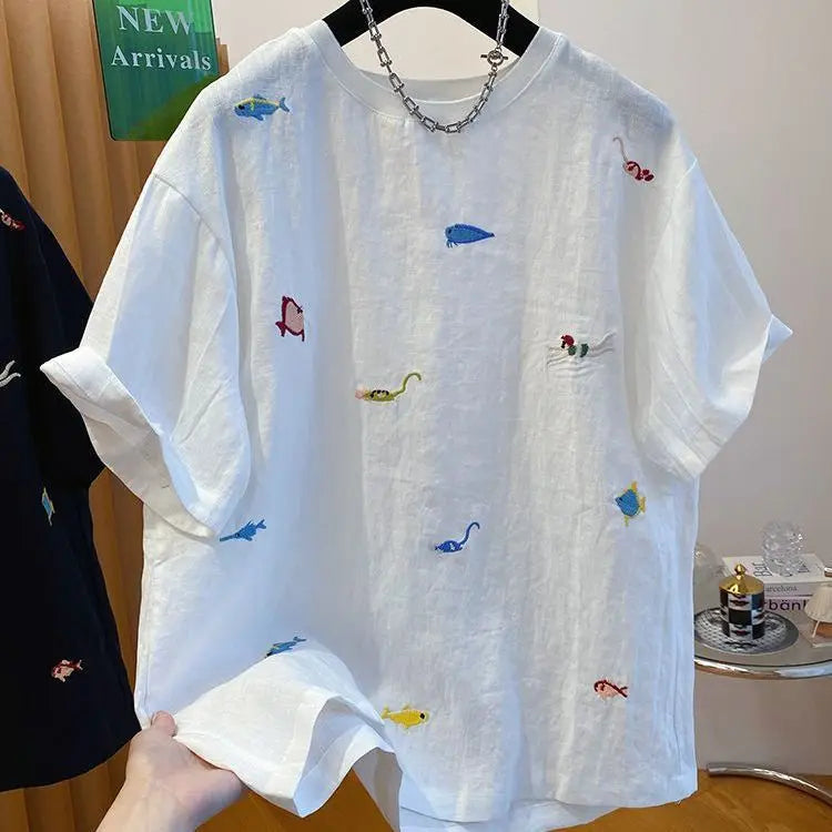 Embroidered Cotton Linen Short-sleeved T-shirt Summer New Loose Casual Round Neck Top for Women