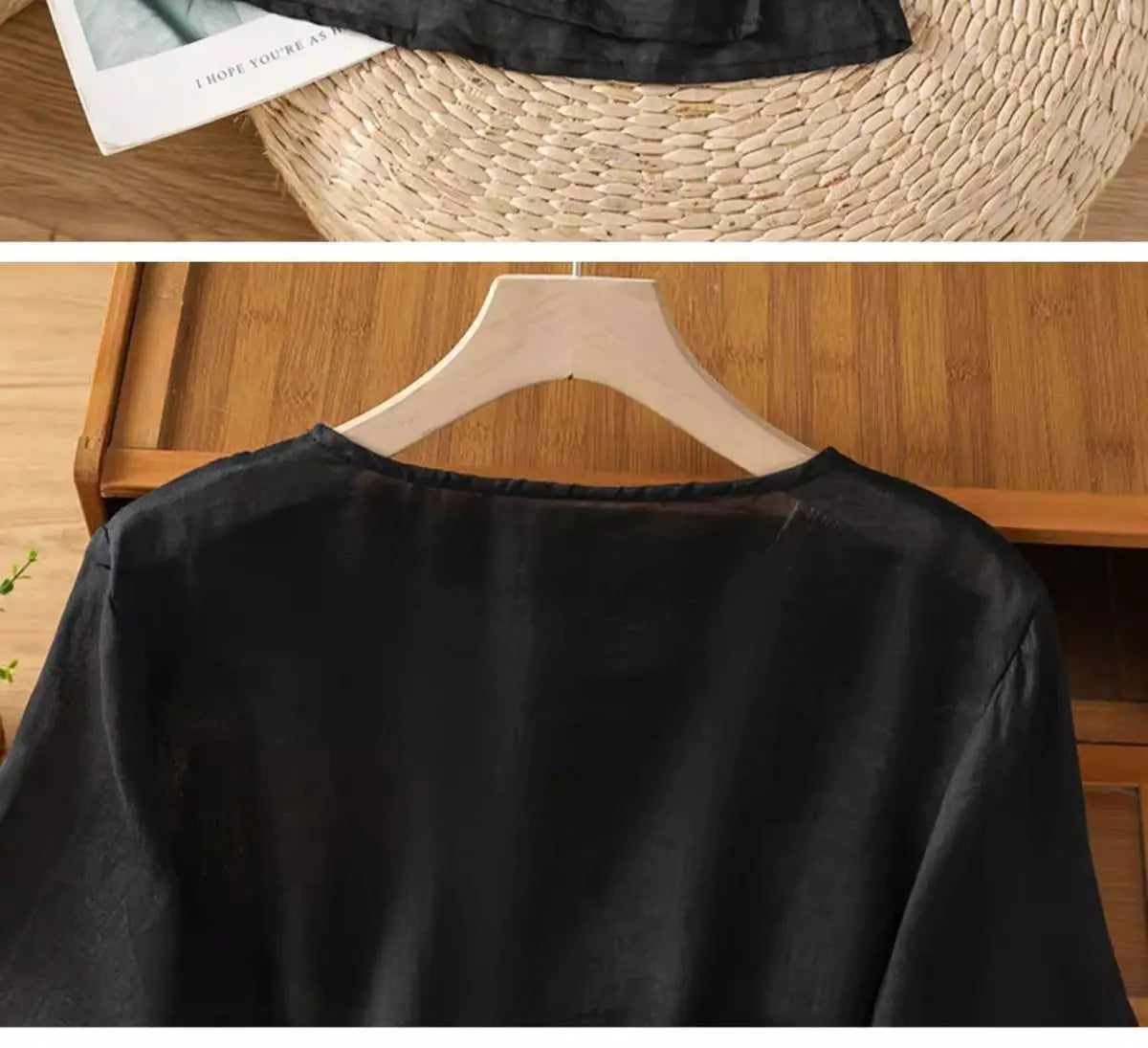 Women's Casual Linen Blouse Floral Embroidery Round Neck Short Sleeve Side Split Loose Fit Summer Tops