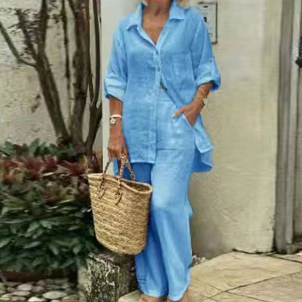Elegant Solid Cotton Linen Shirt 2 Piece Set For Women Casual Outfits Autumn Long Sleeve Pocket Top Wide Leg Pants Suits Female
