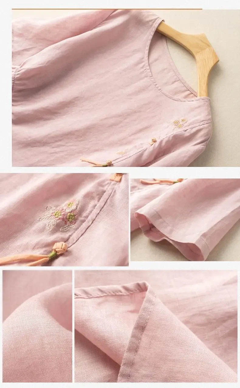 Short-sleeved Linen Tops with Folded Buttons of Artistic Retro Cotton Linen T-shirts Versatile Loose Embroidery 2025 Summer Tops