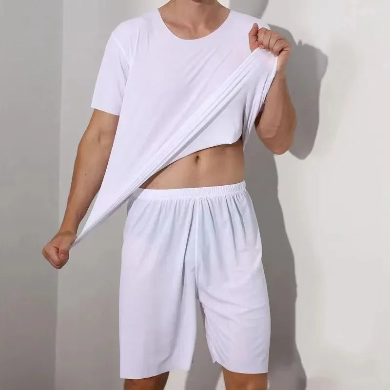 Men's Pajamas Homewear Short-Sleeved T-Shirt Youth Sports and Leisure Loose Elastic Tops and Pants Solid 2PCS/Set Four Season