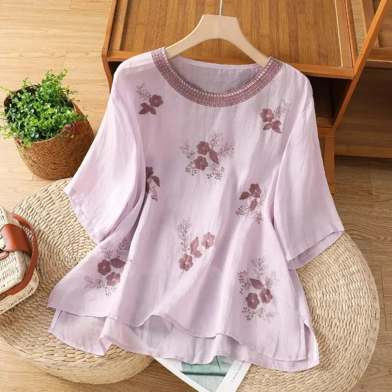 Women's Casual Linen Blouse Floral Embroidery Round Neck Short Sleeve Side Split Loose Fit Summer Tops