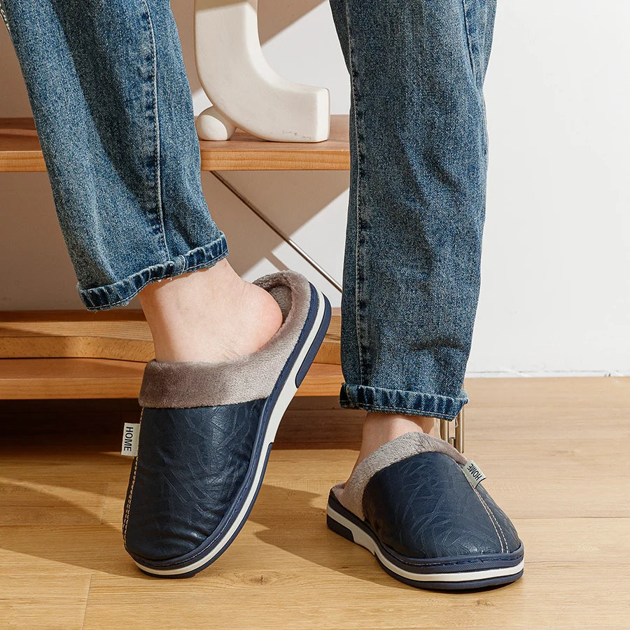 Bedroom Fashion Warm Soft Winter Men's Slippers Indoor Comfy Casual Big Size Anti-slip PU Surface Waterproof Home Plush Shoes