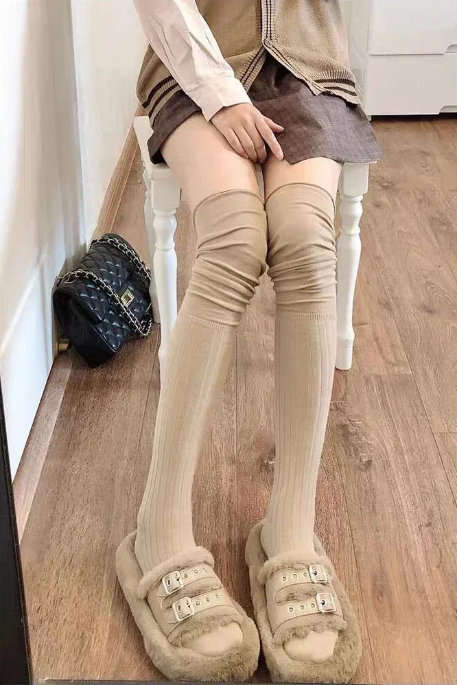 2pairs Women's Knee-length Socks Ladies Thigh-length SocksWarm Knitted Boot Socks Leg Warmers Japan JK Cotton Thigh High Bottoms