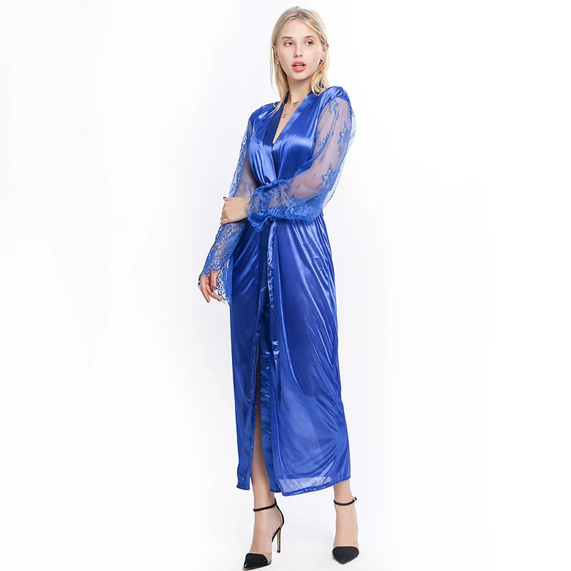 Womens Nightdress Sexy Long Lace Lingerie Nightwear Bath Robe Gown Imitation Ice Silk Nightdress Solid Color Nightgown