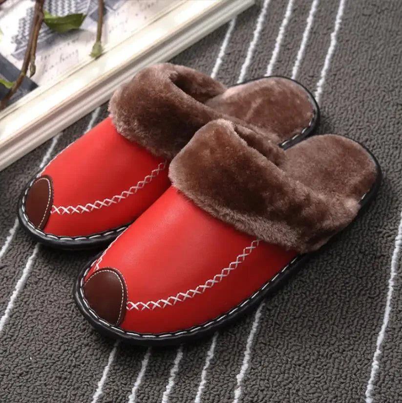 Men Women Winter Leather Slippers Bedroom Cotton Slippers Male Waterproof Thick Plus Velvet Indoor Warm House Home Slippers Shoe