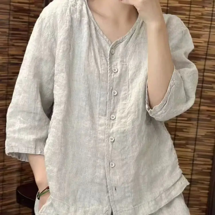 2025 New Solid Color Linen Loose Top Artistic Casual Three-quarter Sleeve Cardigan Shirt