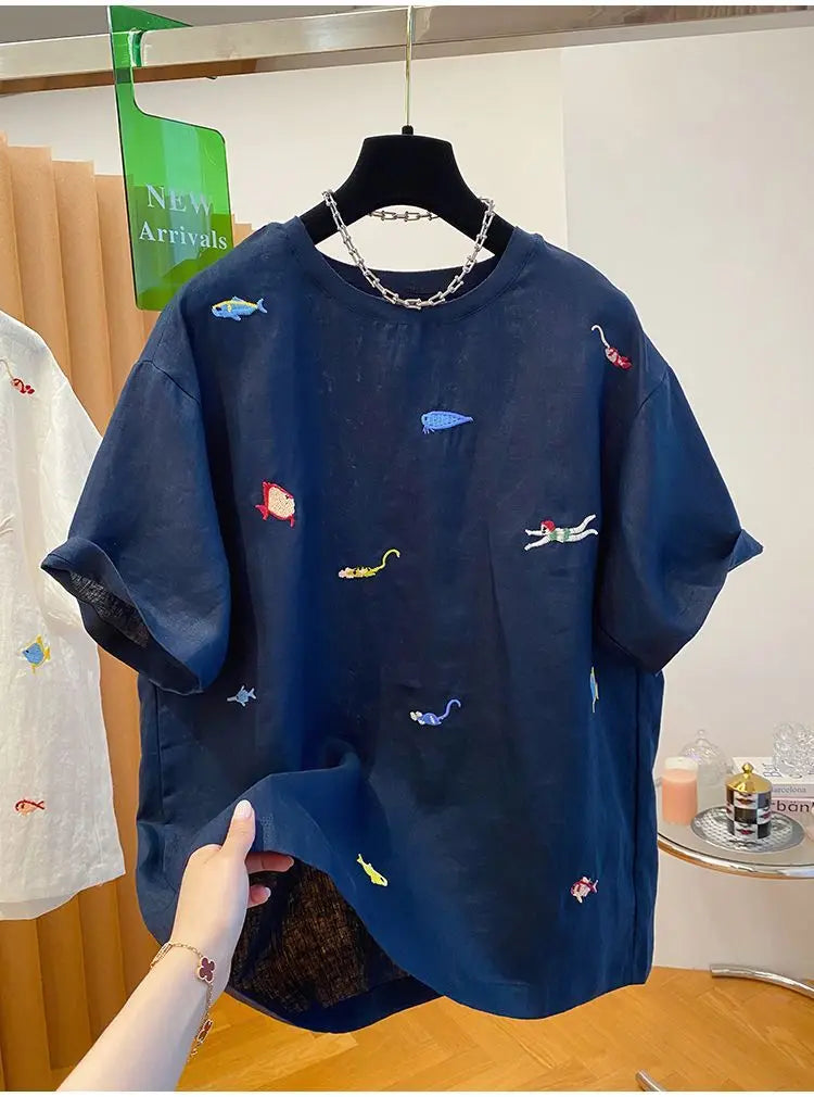 Embroidered Cotton Linen Short-sleeved T-shirt Summer New Loose Casual Round Neck Top for Women