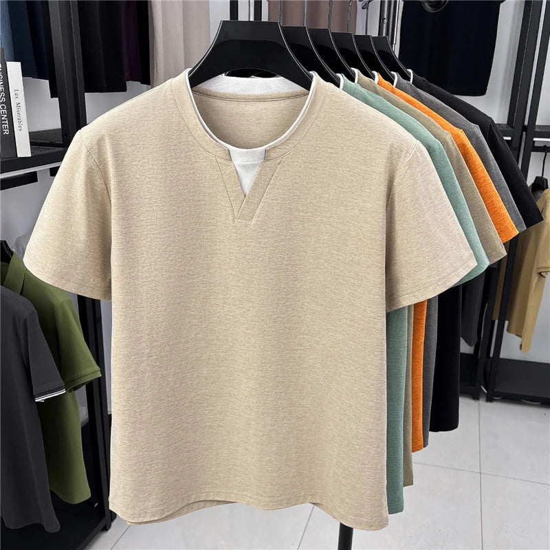 Men's Fashion V Neck T Shirt With Fake Two Piece Detail Soft Elastic Fabric For Daily And Casual Use