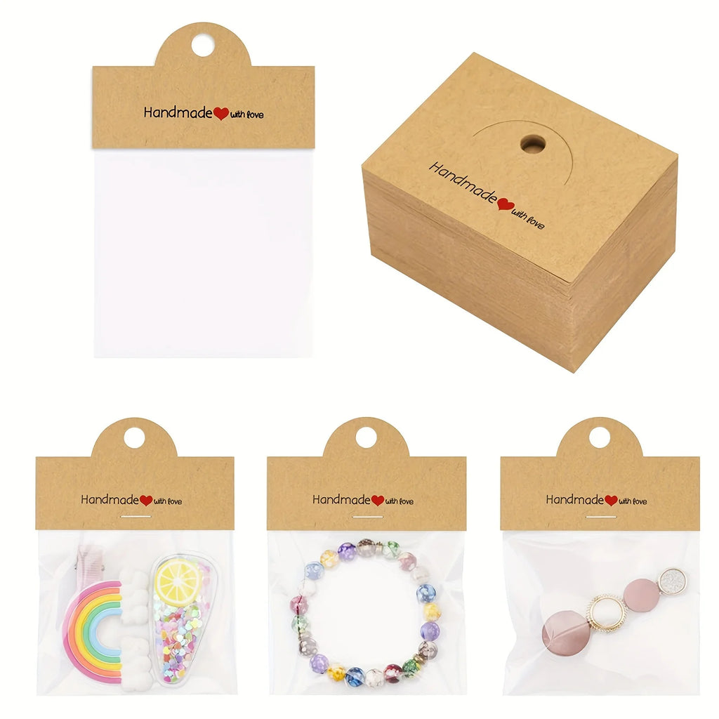 100Pcs Jewelry Package Bags,including 50bags and 50cards, jewelry display clear bags,bracelets,earrings,craft packaging sets
