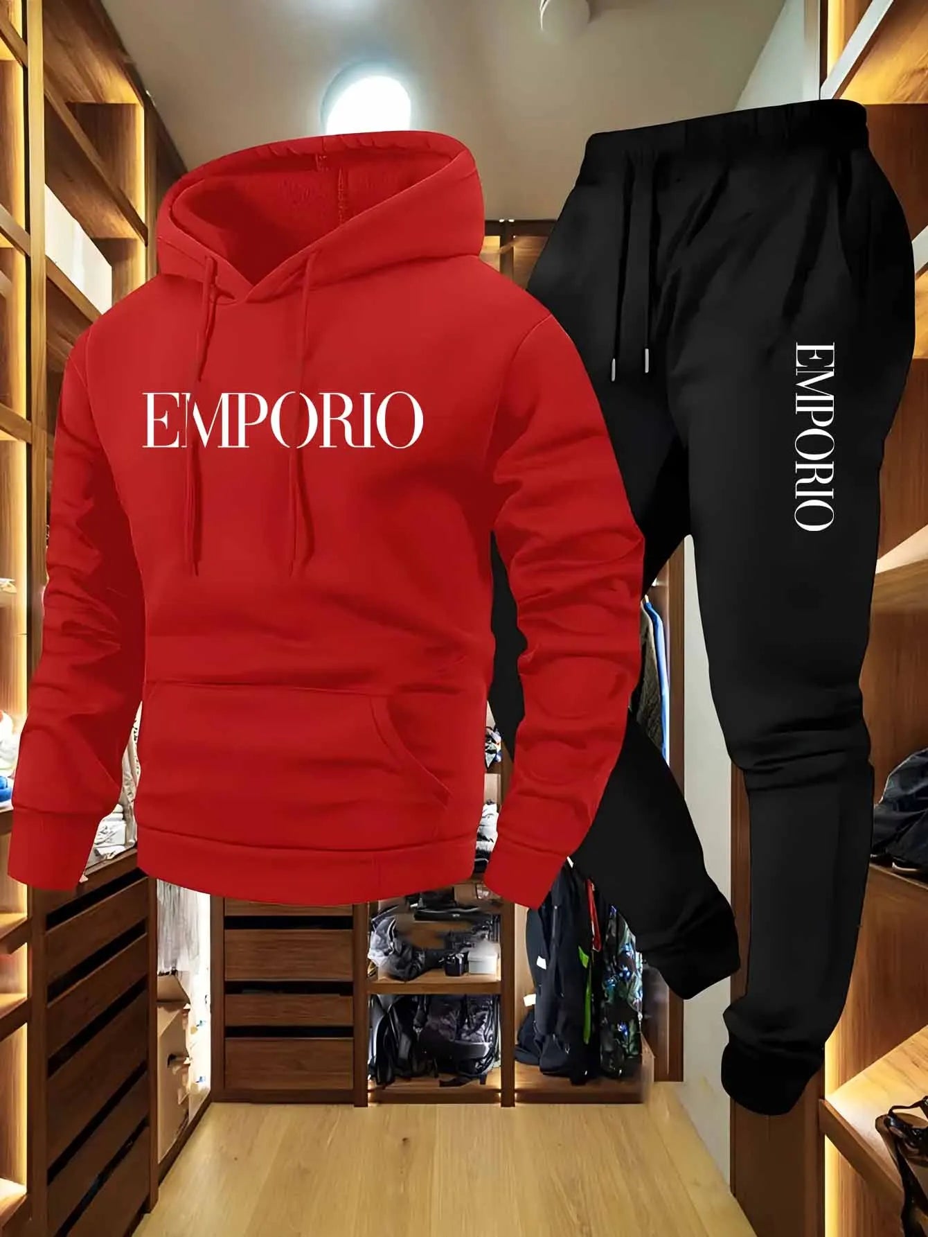 Men's Olive Green Casual Cargo Sweatshirt And Jogger Set with EMPORIO Print Drawstring Hood Pullover Top And Multi-Pocket