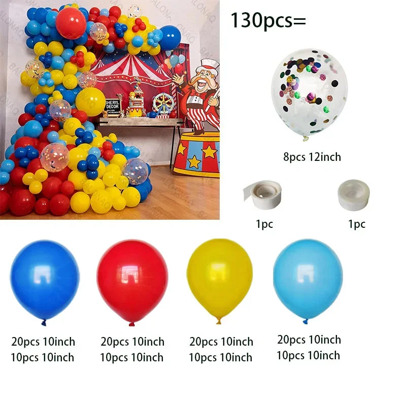 130pcs Red Blue Yellow Arch Garland Balloons Kit Popcorn Aluminium Foil Balls Circus Clown Theme Birthday Party Decorations