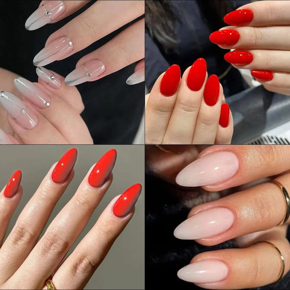 120pcs/box Red White Glossy Acrylic Medium Almond False Nails Solid Color Press-On Nails 12 Sizes Almond Artificial Fake Nails