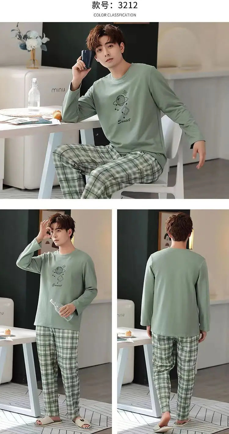 Men's Casual Pyjamas - Long-Sleeved Spring/Autumn Homewear Lightweight Pyjama Set for Young and Middle-Aged Men in Autumn/Winter