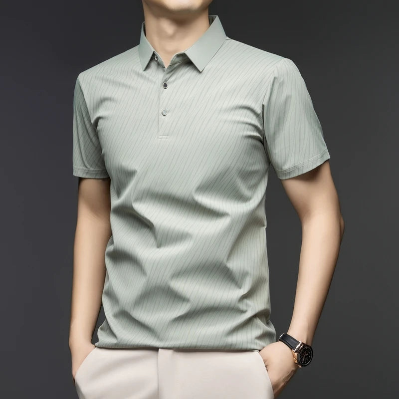 Men's Fashion Ice Silk Polo Shirt Cool Touch Fabric With Diagonal Line Print Short Sleeve For Business