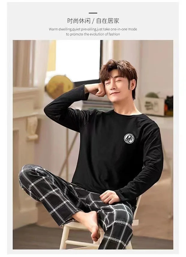 Men's Casual Pyjamas - Long-Sleeved Spring/Autumn Homewear Lightweight Pyjama Set for Young and Middle-Aged Men in Autumn/Winter