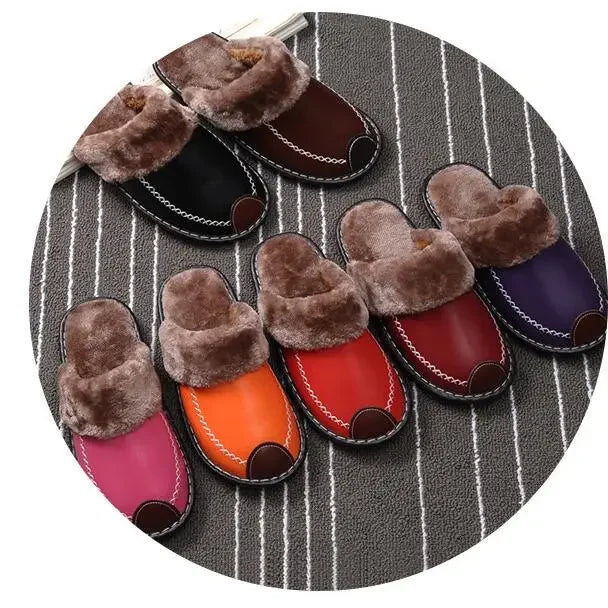 Men Women Winter Leather Slippers Bedroom Cotton Slippers Male Waterproof Thick Plus Velvet Indoor Warm House Home Slippers Shoe