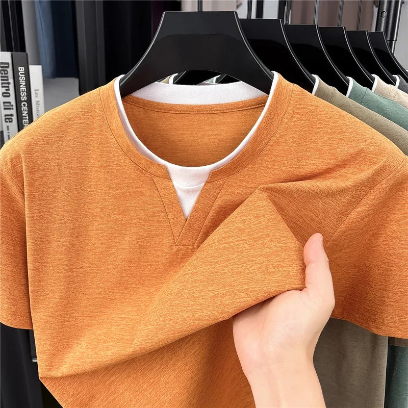 Men's Fashion V Neck T Shirt With Fake Two Piece Detail Soft Elastic Fabric For Daily And Casual Use