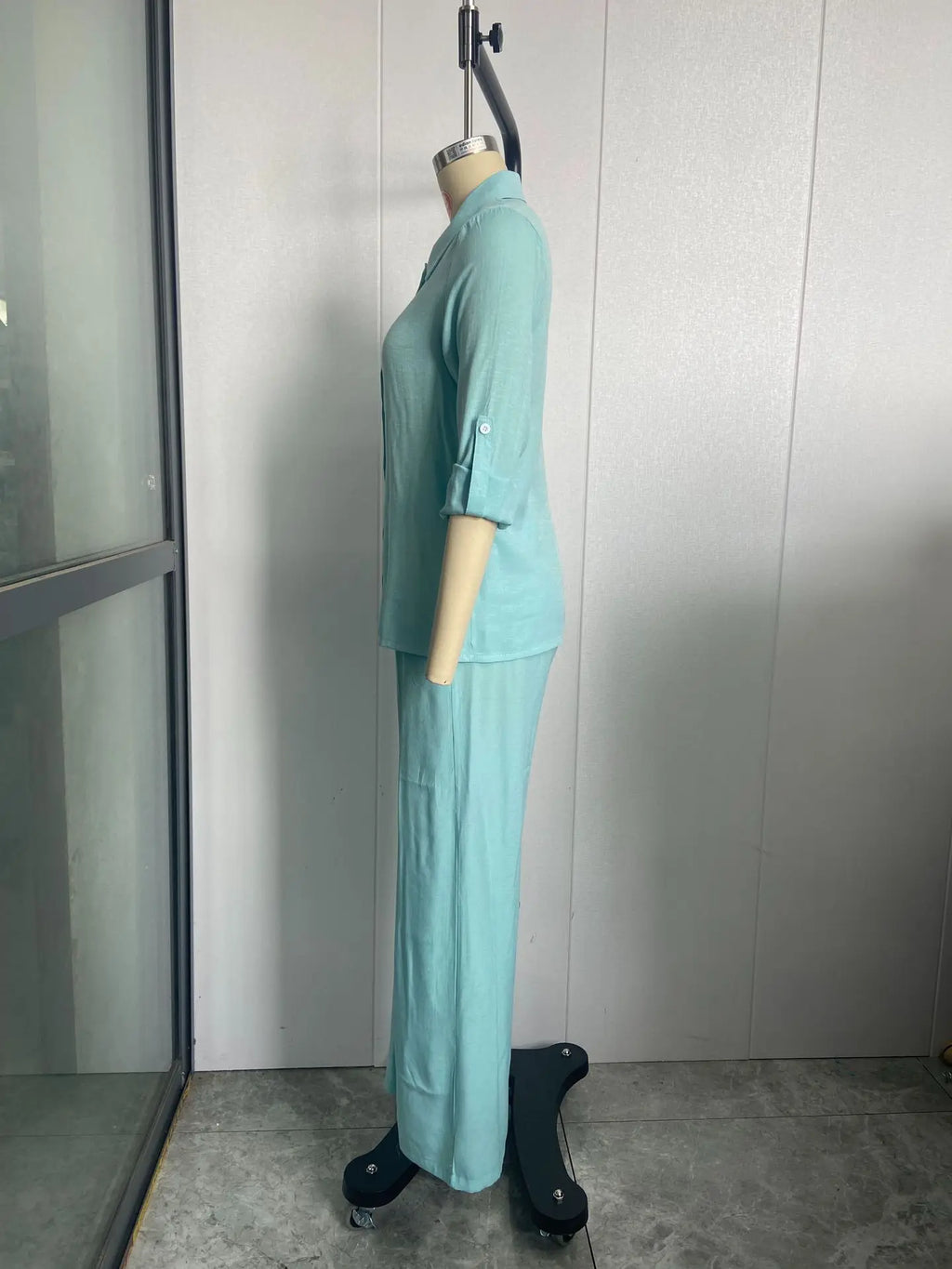 Women Linen Casual Shirt 2 Pieces Set Fashion Lapel Long Sleeve Button Blouse And Trousers Outfits Loose Wide Leg Pants Suits