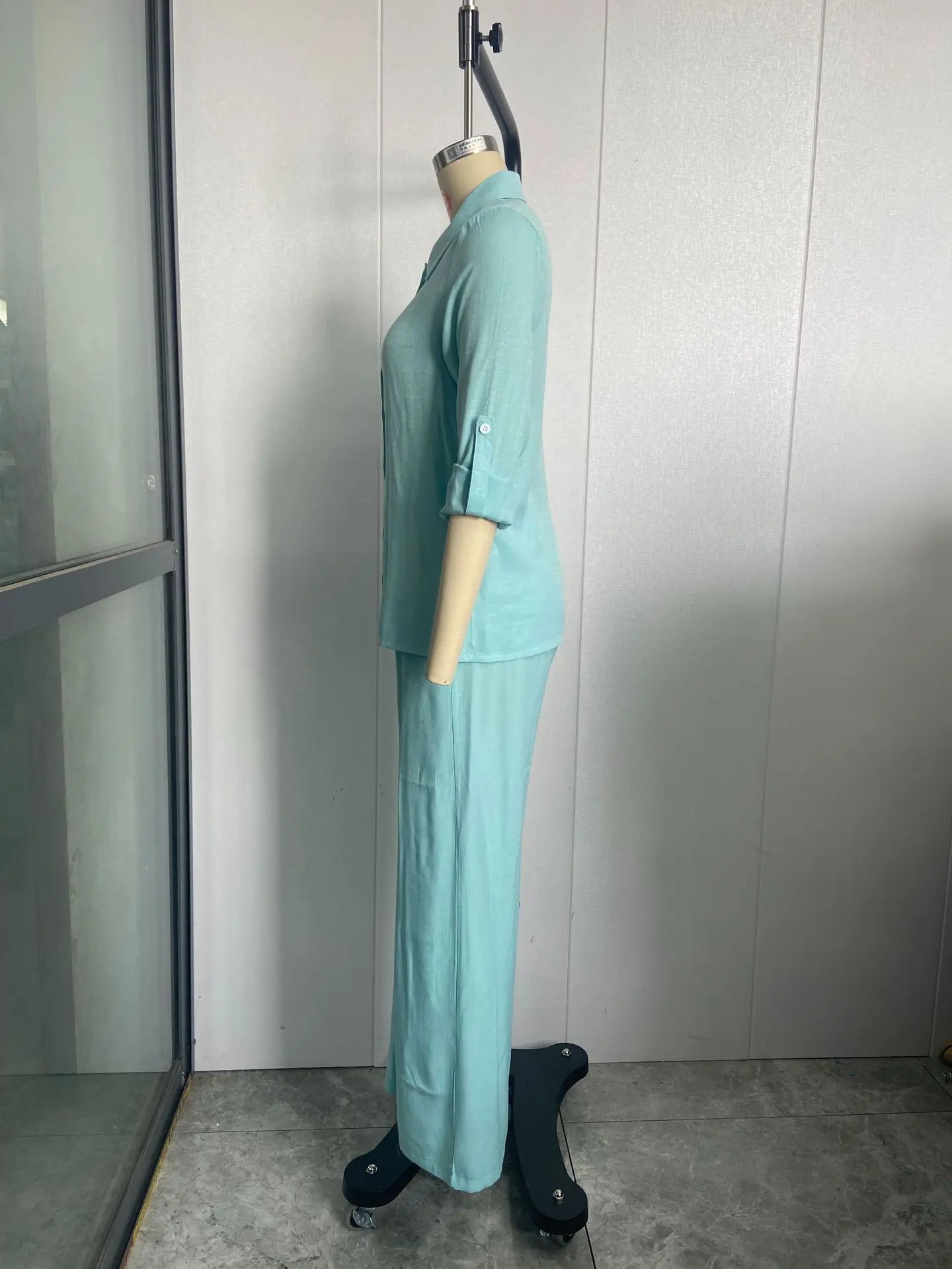 Women Linen Casual Shirt 2 Pieces Set Fashion Lapel Long Sleeve Button Blouse And Trousers Outfits Loose Wide Leg Pants Suits