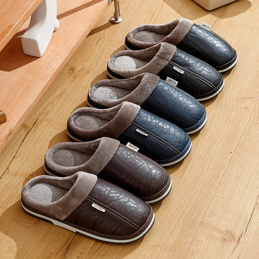 Bedroom Fashion Warm Soft Winter Men's Slippers Indoor Comfy Casual Big Size Anti-slip PU Surface Waterproof Home Plush Shoes