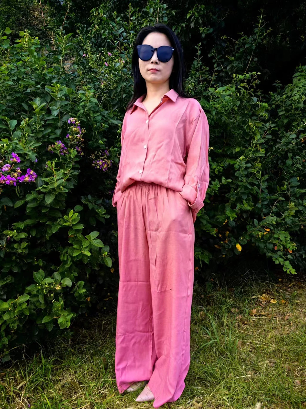 Women Linen Casual Shirt 2 Pieces Set Fashion Lapel Long Sleeve Button Blouse And Trousers Outfits Loose Wide Leg Pants Suits