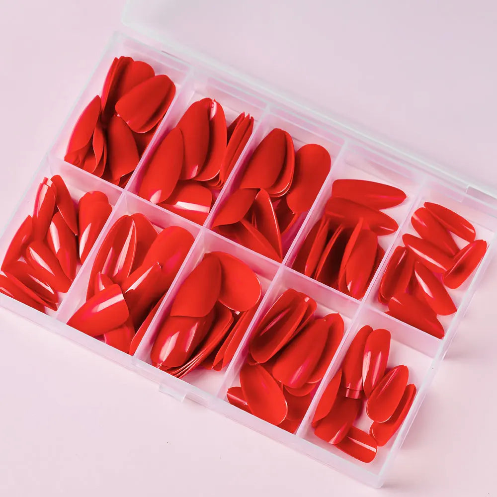 120pcs/box Red White Glossy Acrylic Medium Almond False Nails Solid Color Press-On Nails 12 Sizes Almond Artificial Fake Nails