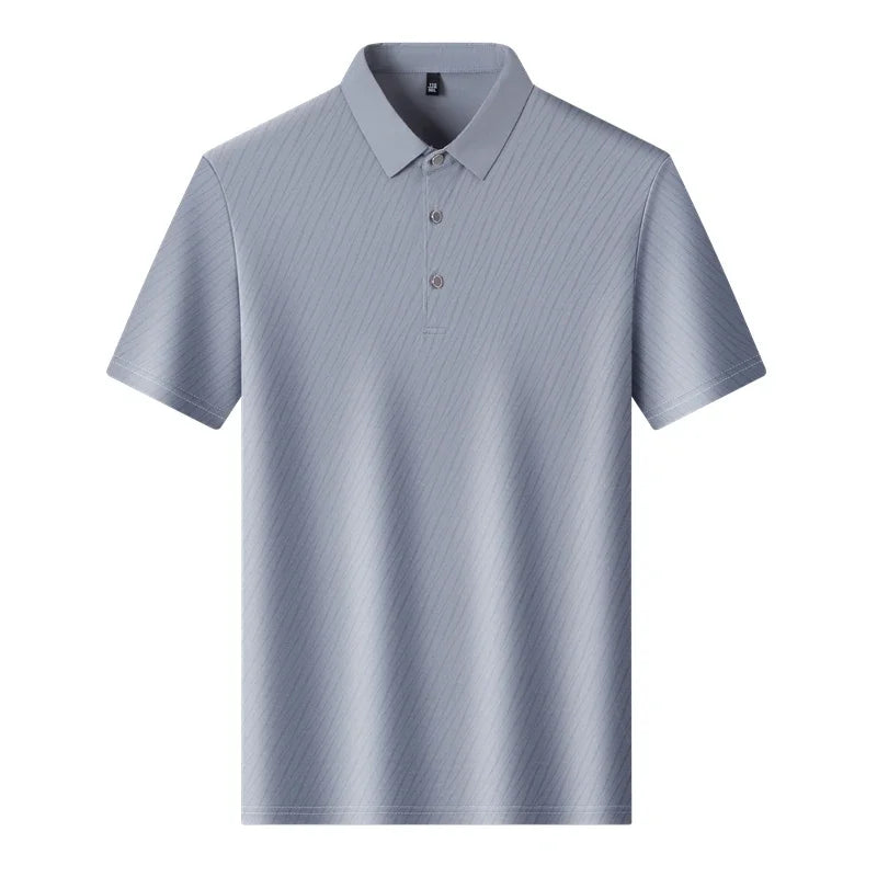 Men's Fashion Ice Silk Polo Shirt Cool Touch Fabric With Diagonal Line Print Short Sleeve For Business