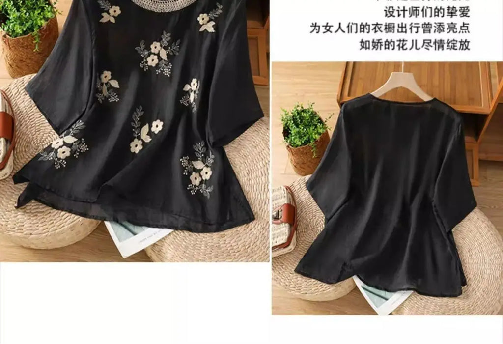 Women's Casual Linen Blouse Floral Embroidery Round Neck Short Sleeve Side Split Loose Fit Summer Tops