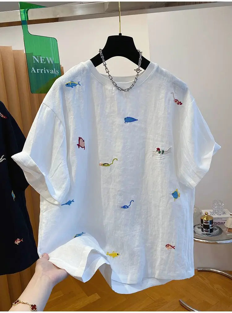 Embroidered Cotton Linen Short-sleeved T-shirt Summer New Loose Casual Round Neck Top for Women