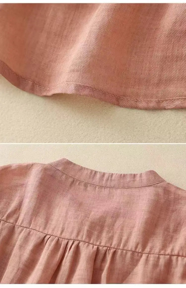 Women's Linen Cotton Blouse - Stand Collar 3/4 Sleeve Loose Fit Casual Shirt