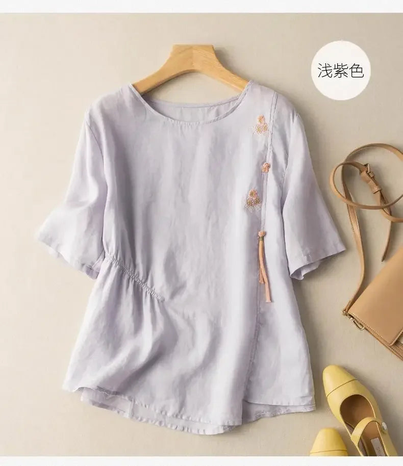 Short-sleeved Linen Tops with Folded Buttons of Artistic Retro Cotton Linen T-shirts Versatile Loose Embroidery 2025 Summer Tops