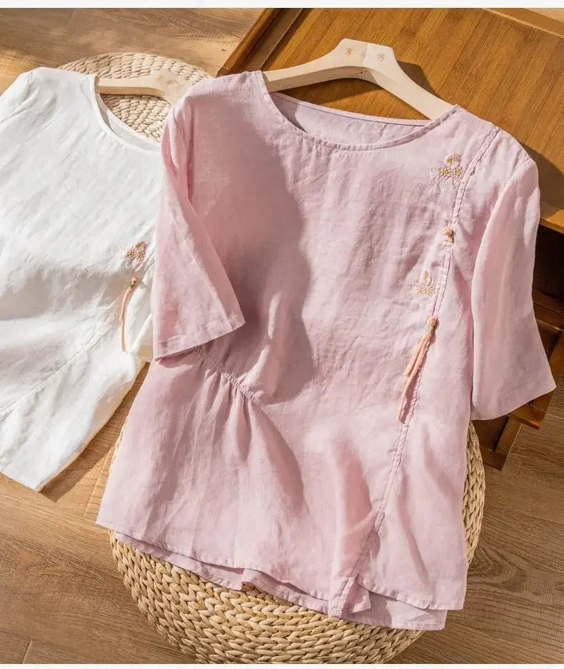 Short-sleeved Linen Tops with Folded Buttons of Artistic Retro Cotton Linen T-shirts Versatile Loose Embroidery 2025 Summer Tops