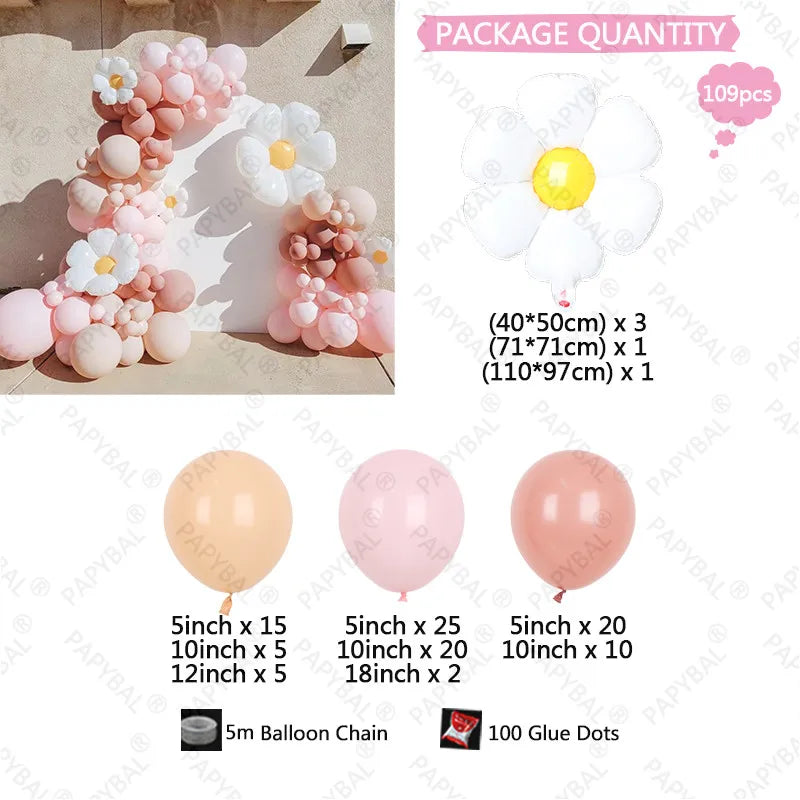 109PCS White Flower Daisy Theme Arch Garland Balloons Retro Pink Peach Latex Balloon Anniverary Kids Birthday Party Decor Gifts