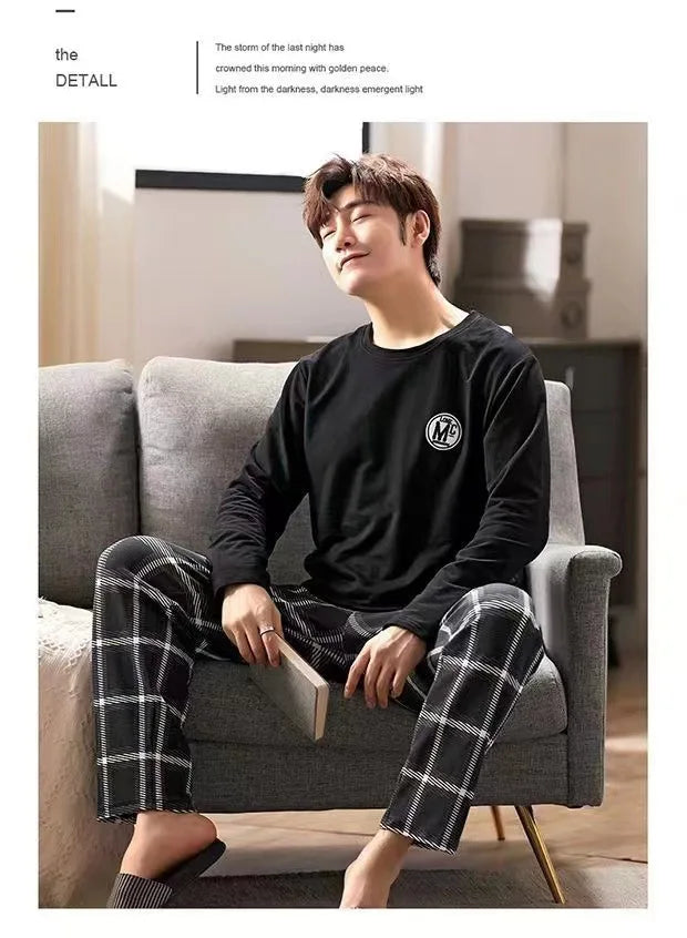 Men's Casual Pyjamas - Long-Sleeved Spring/Autumn Homewear Lightweight Pyjama Set for Young and Middle-Aged Men in Autumn/Winter