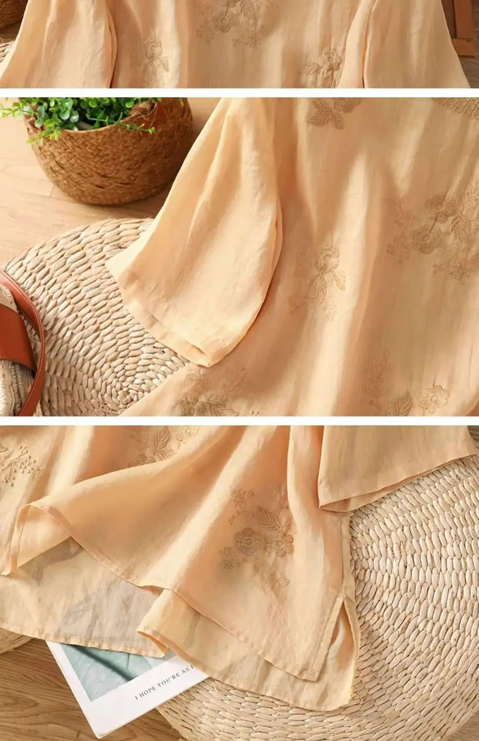 Women's Casual Linen Blouse Floral Embroidery Round Neck Short Sleeve Side Split Loose Fit Summer Tops