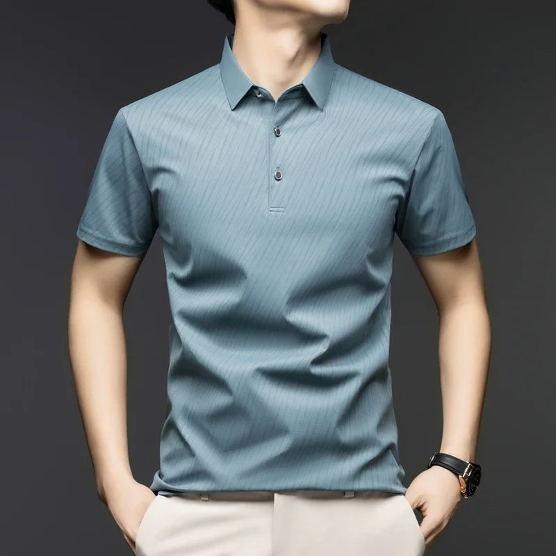 Men's Fashion Ice Silk Polo Shirt Cool Touch Fabric With Diagonal Line Print Short Sleeve For Business