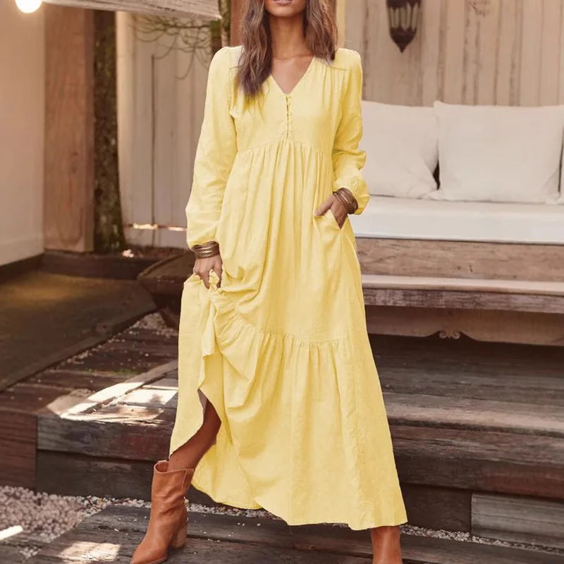 New Cotton Linen Retro Large Hem Long Dresses Casual Long Sleeved For Women Fashion Solid Color Single Breasted Skirt Spring