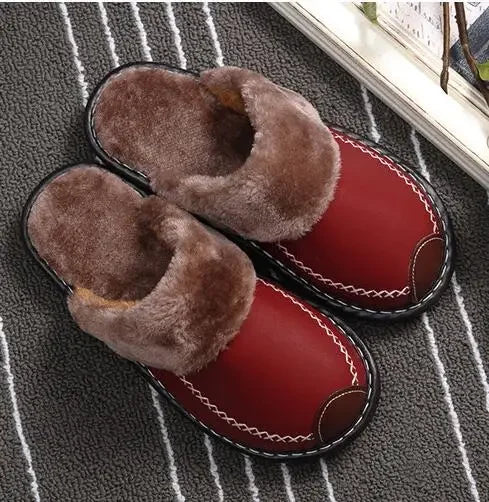 Men Women Winter Leather Slippers Bedroom Cotton Slippers Male Waterproof Thick Plus Velvet Indoor Warm House Home Slippers Shoe