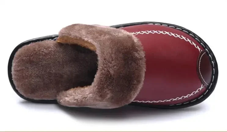 Men Women Winter Leather Slippers Bedroom Cotton Slippers Male Waterproof Thick Plus Velvet Indoor Warm House Home Slippers Shoe