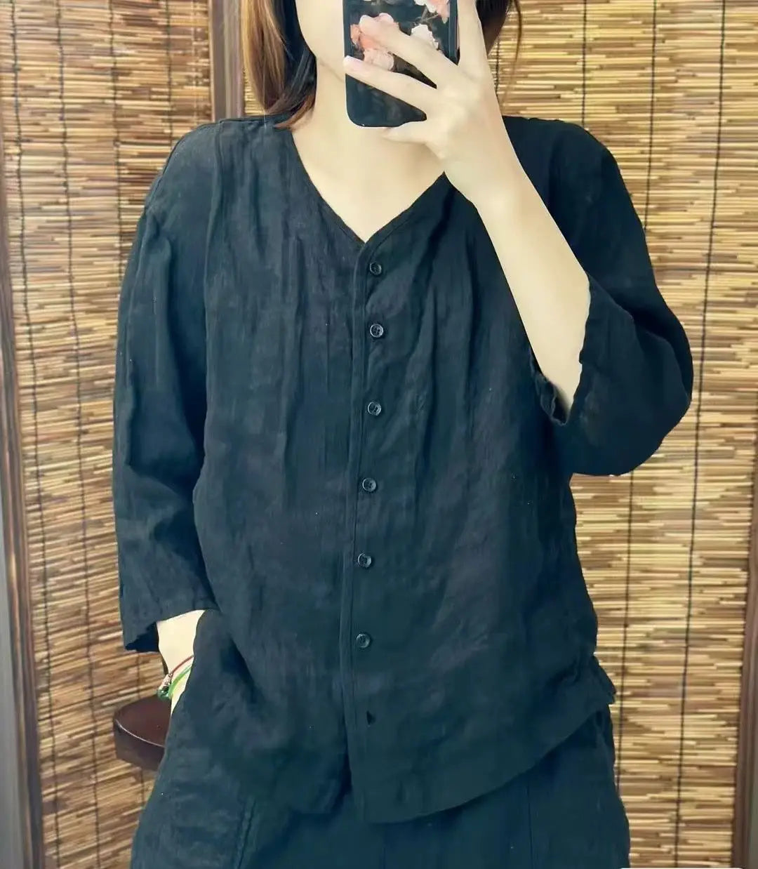 2025 New Solid Color Linen Loose Top Artistic Casual Three-quarter Sleeve Cardigan Shirt