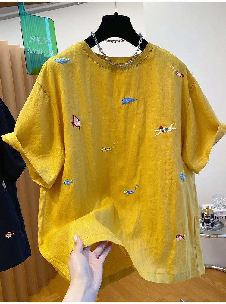 Embroidered Cotton Linen Short-sleeved T-shirt Summer New Loose Casual Round Neck Top for Women