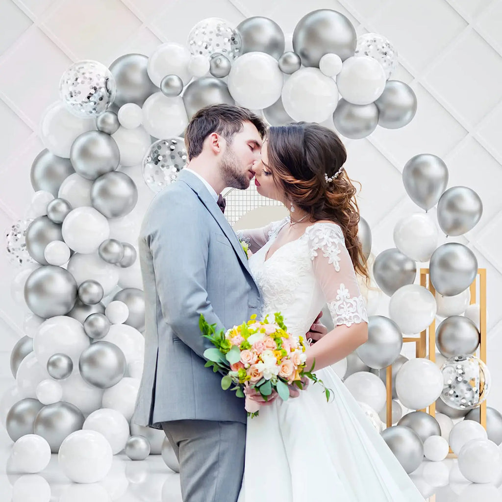 130Pcs Silver White Latex Garland Balloon for Wedding, Birthday, Pop Party, Bridal Shower, Graduation Decoration Balloon, Fa
