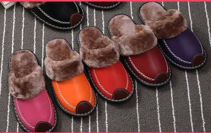 Men Women Winter Leather Slippers Bedroom Cotton Slippers Male Waterproof Thick Plus Velvet Indoor Warm House Home Slippers Shoe