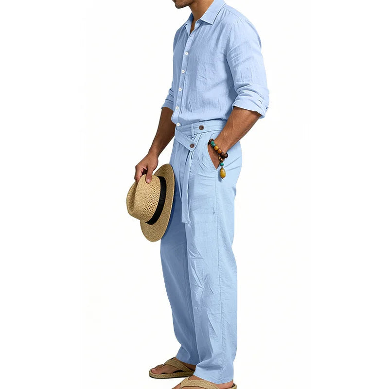 Men's Loose Fit Linen 2 Piece Outfit Solid Color Casual Long Sleeve Hooded Shirt & Long Pants Breathable Suit